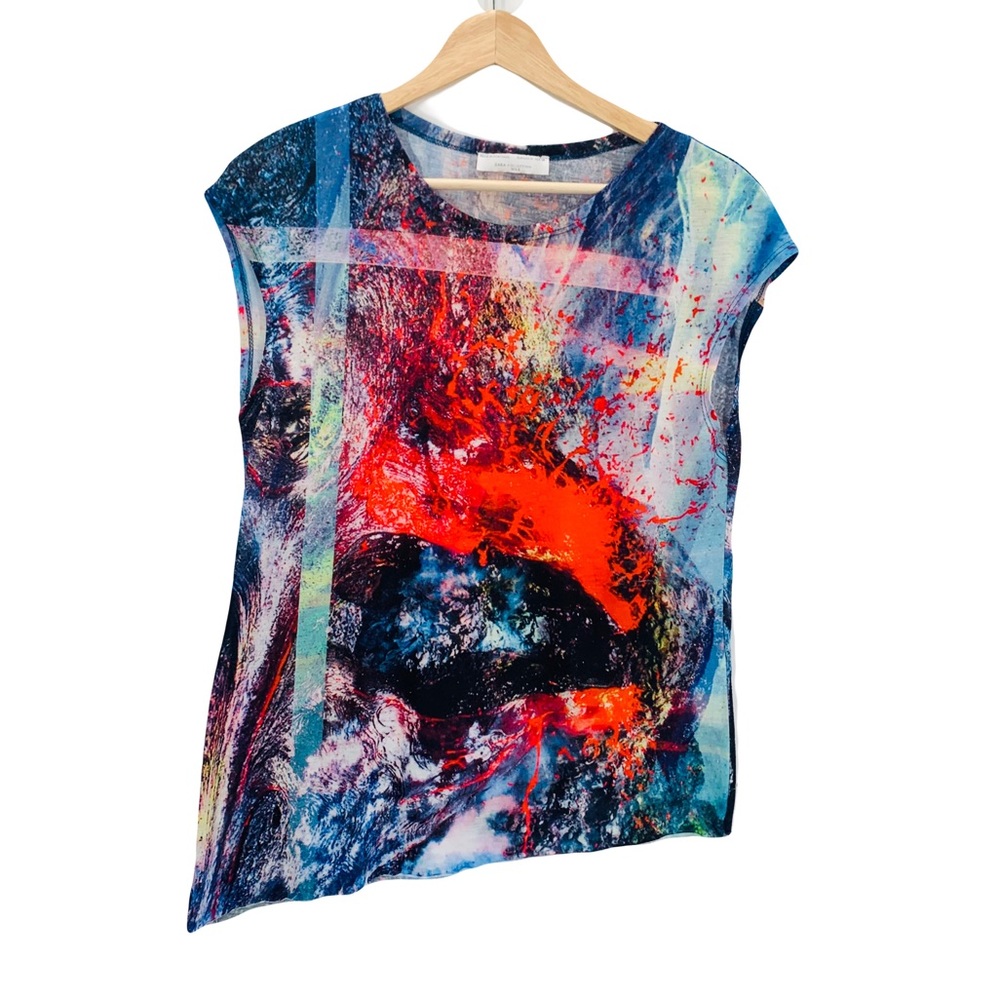 5 For $50🔥 Zara Collection Asymmetrical Paint Splatter Short Sleeve Top Sz M